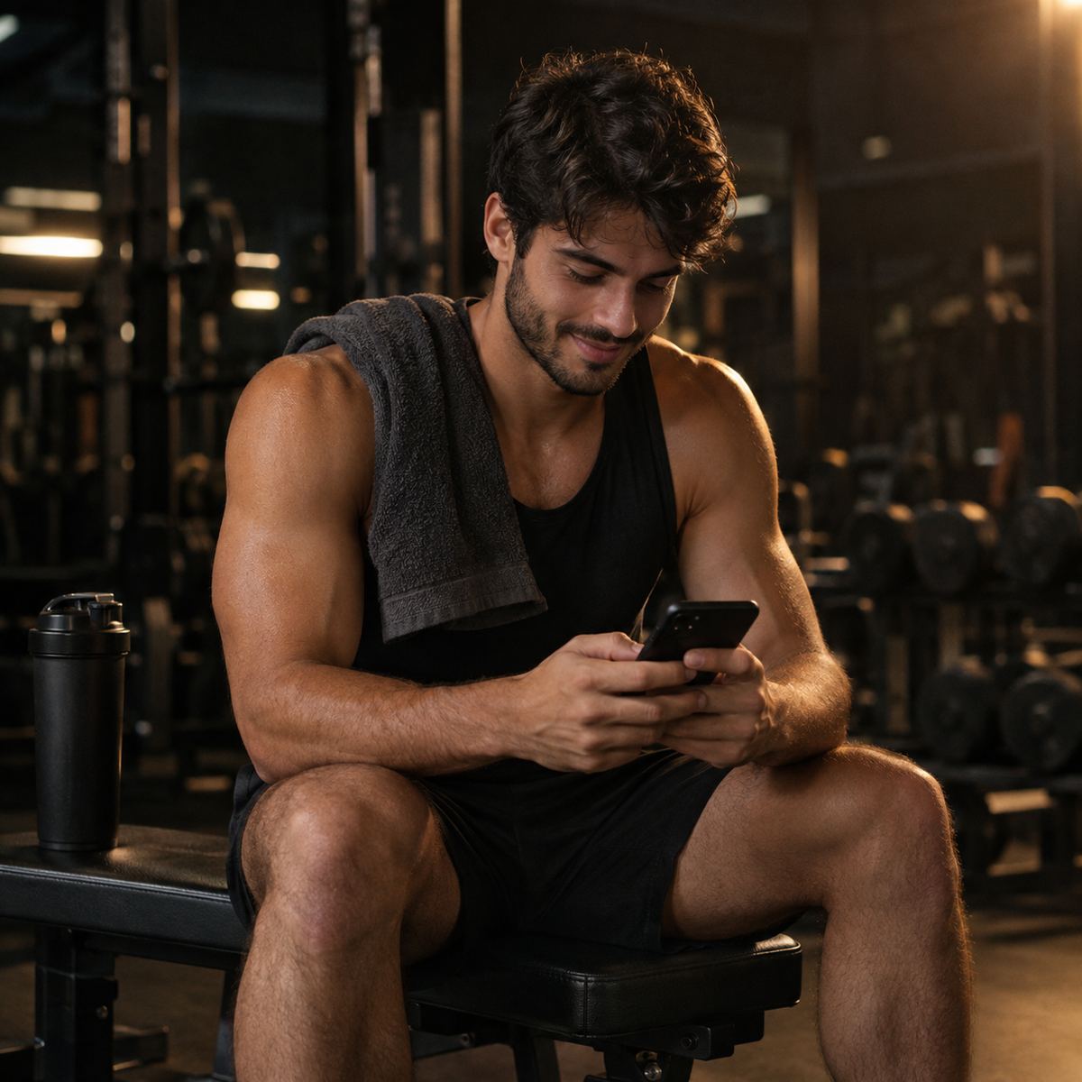 Atleta usando o celular na academia