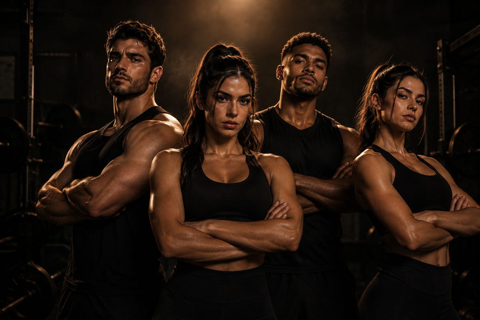 Grupo de atletas de braços cruzados na academia